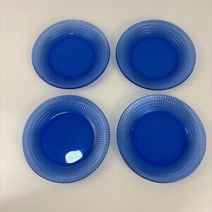 Set Of 4 Forte Crisa Vintage Cobalt Blue Glass Salad/Dessert Plates Waffle